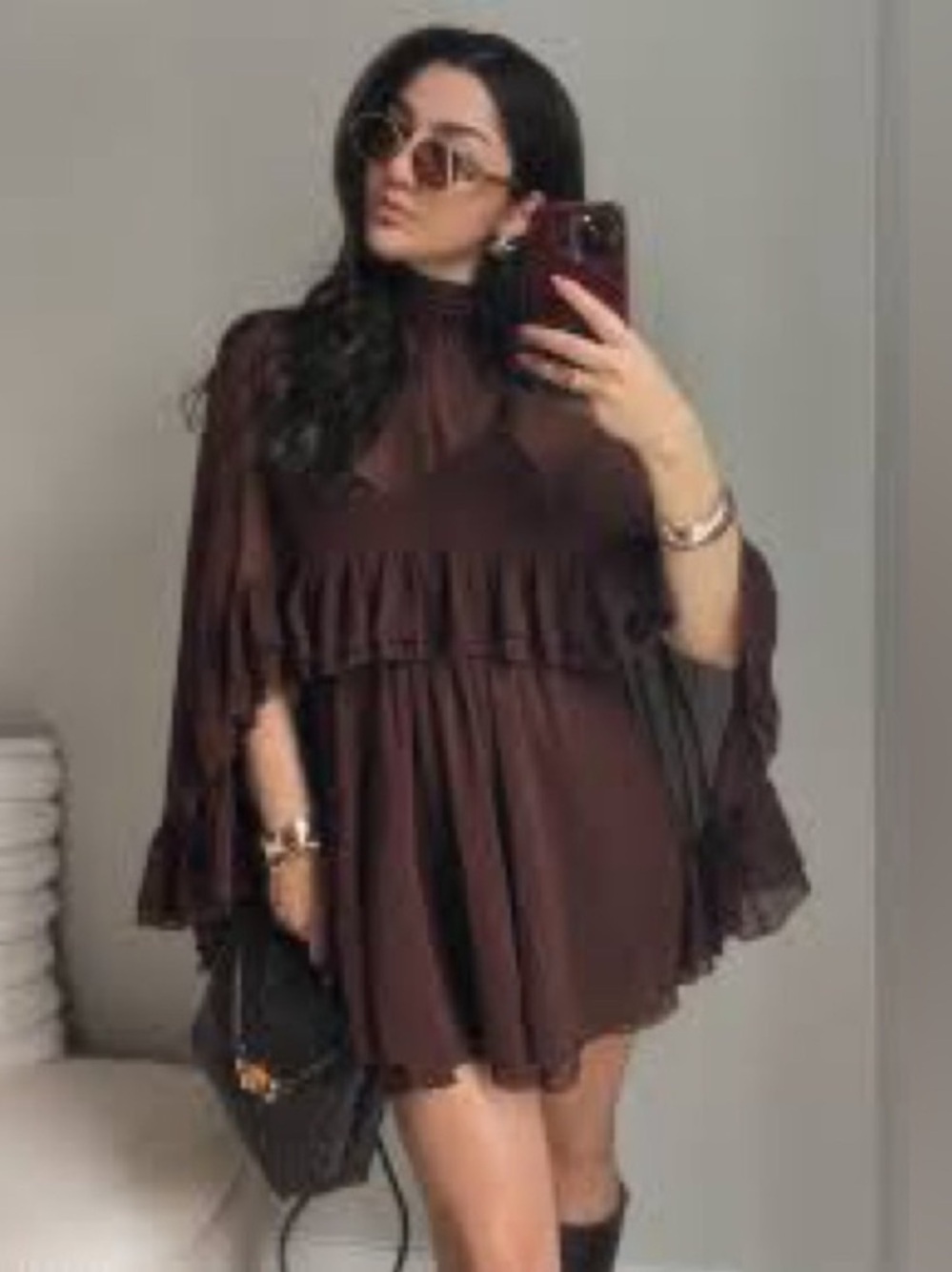 Commense Brown Ruffle Cape Dress - Picture 4 of 9